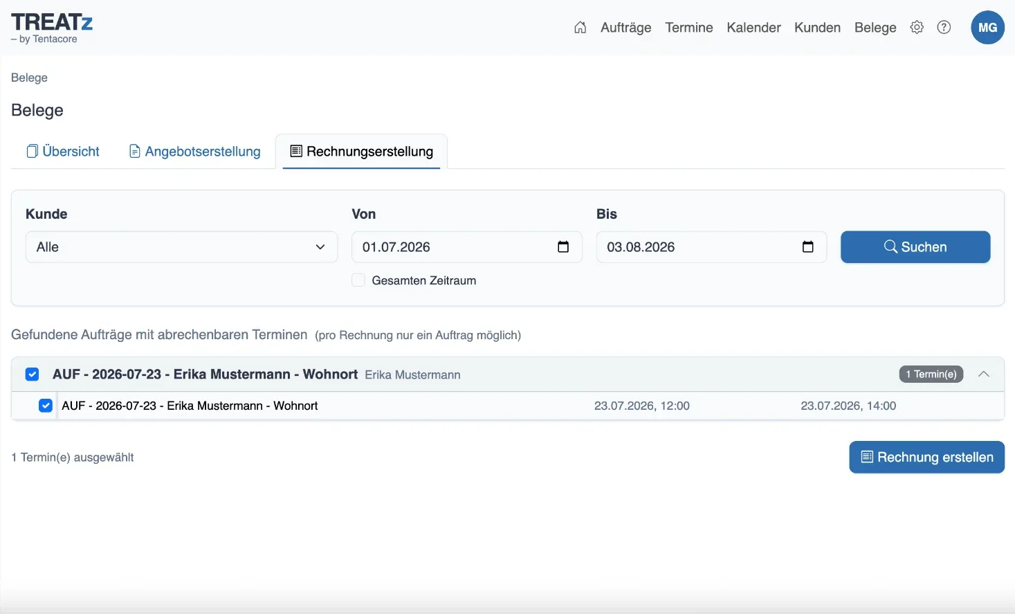 TREATz - Rechnungserstellung aus abrechenbaren Terminen